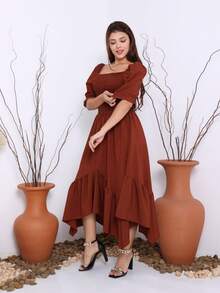 Vestido midi de ponta lisa manga curto