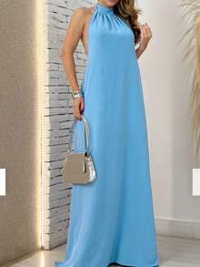 Women's Long Backless Simple Beach Dress None Fabric Backless / Backless Ruffled 019 Wedding Evening Beach Home Office Formal & Evening Travel Daily Birthday Party Summer - 淺藍色 - 查看 4