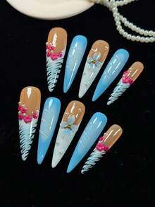 10 Stücke Set aus handgefertigten, tragbaren Nägeln, manuell gepresst, extra lange, dünne High Heels, kombiniert in Blau, Braun und anderen Tönen, verziert mit rosa Blumen, Perlen und Schmetterlingen. Frisch und elegant, geeignet für Damen und Mädchen für Partys, Reisen, Verabredungen und verschiedene Anlässe als DIY-Nagelzubehör. Wiederverwendbar.