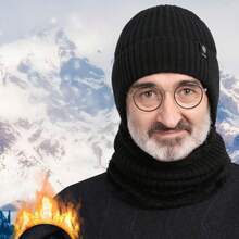 男士保暖针织帽 - 冬季保暖，厚帽子，带天鹅绒衬里和护耳功能，黑色 - 彩色 - 查看 2