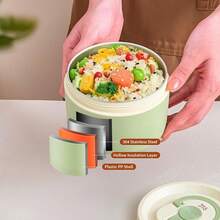 صندوق غداء حراري دائري من الفولاذ المقاوم للصدأ 304 بنمط جميل مع مقبض، صندوق بنتو مزدوج الطبقة معزول قابل للفصل، حاوية غداء محمولة وإعادة الاستخدام مقاومة للتسرب، حاوية تخزين الطعام، آمنة للميكروويف والغسالة الآلية، مناسبة لاستخدام الطلاب والبالغين في المدرسة والمكتب والتخييم والنزهات والسفر