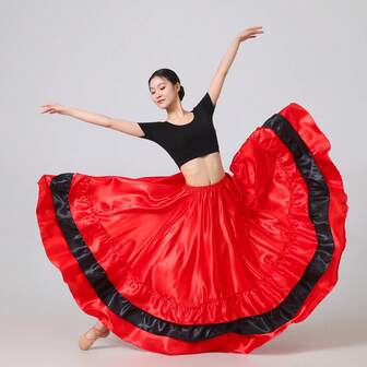 1 st röd & svart helcirkelkjol, damklänning i böljande bohemisk stil med magdans, lätt sommarklänning i satin för strandfest, elegant A-linjekjol