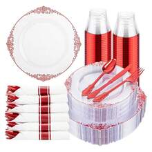 Red Plastic Plates Disposable Set - 175pc Party Dinnerware, 10.25" Dinner & 7.5" Dessert, Silverware, Cups - Wedding & Party Supplies - 如圖/A - 查看 1