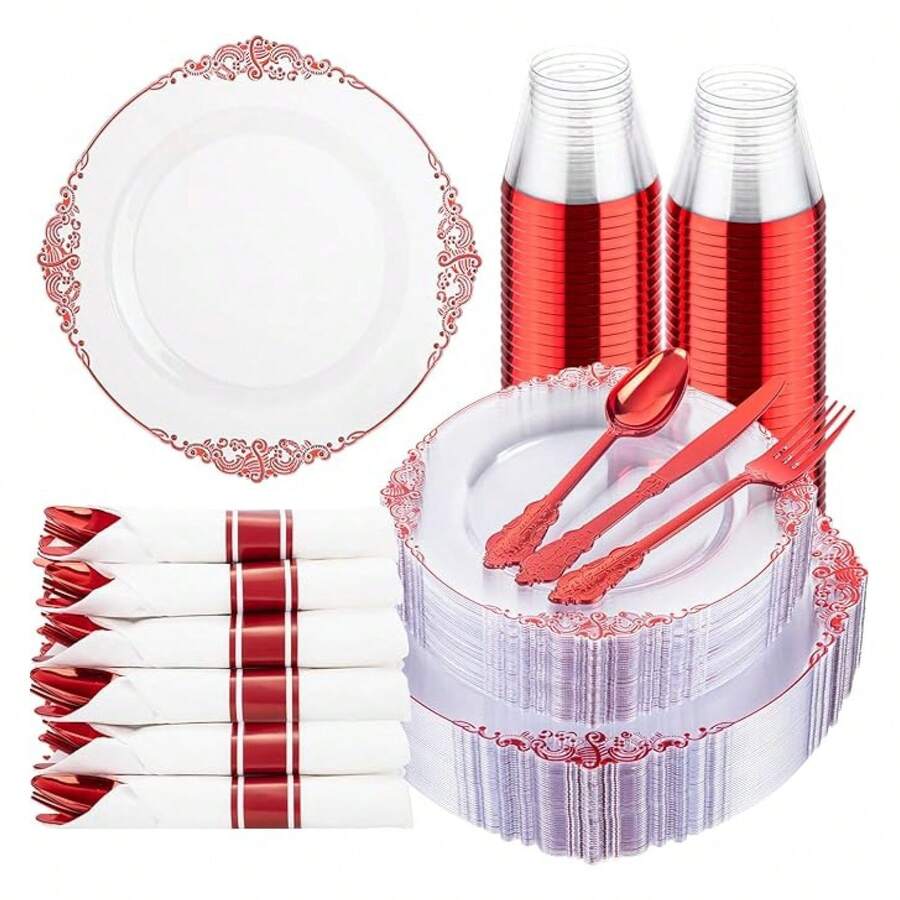 Red Plastic Plates Disposable Set - 175pc Party Dinnerware, 10.25" Dinner & 7.5" Dessert, Silverware, Cups - Wedding & Party Supplies - 如圖/A - 查看 1