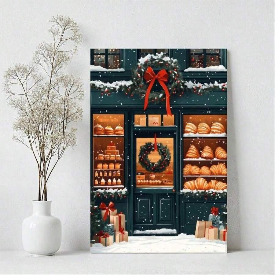 1pc Framed Canvas Poster, Christmas Patisserie, Holiday Bakery Shopfront Wall Art Canvas Paintings, Ideal Gift For Bedroom Living Room Corridor, Wall Art, Room Decoration, 2D Flat - Nhiều màu - Xem 1