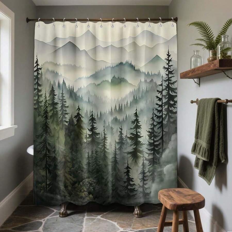 Mountain Shower Curtain Forest, Nature Shower Curtains For Bathroom, Rustic Woodland Pine Tree Landscape Bathtub Curtain Men Bath Decor, Waterproof Polyester Fabric With Hooks (Green,72x72in){"Color_name":"Green","Size_name":"70\"Wx72\"L(Packof1)"} - 多色15 - 查看 1