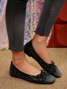 2025 Rhinestone Bow Decor Casual Flat Shoes, Fairy Style For Teens - Black and White - View 6
