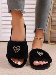 Premium Fashion Heart Decor Plush Slippers For Women, Soft & Comfortable Soft-Sole Lightweight, Suitable For Living Room & Bedroom, All Season - Black - View 3