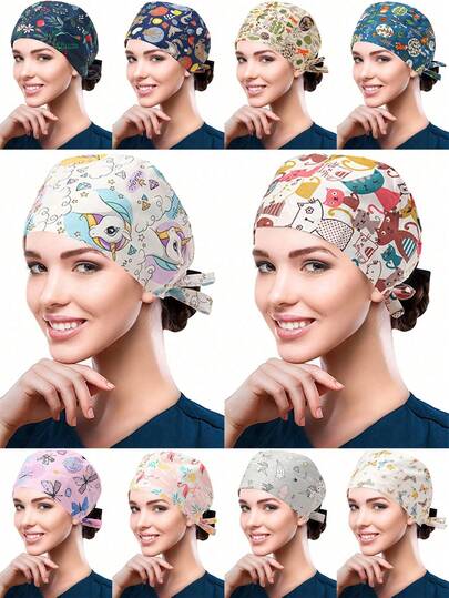1pc Printed Drawstring Surgical Cap, Suitable For Doctors, Nurses, Medical Staff, Home Use