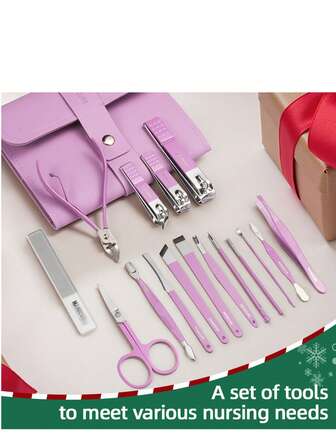 16 piezas Juego de manicura y pedicura de acero inoxidable premium, incluye cortaúñas, tijeras, sacabocados y artículos esenciales de viaje, herramientas profesionales para el cuidado de los pies y la belleza, color morado