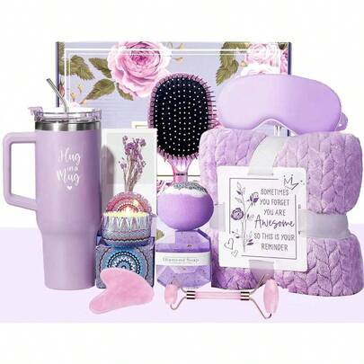 Birthday Gifts Women, Self Care Pamper Gifts Women Unique, Relaxing Spa Basket Care Package, Set Mom Wife Sister Best Friend Her Daughter Purple