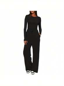 Women's Casual Clothing Solid Color Two-Piece Women's Casual Waist Pleated Long-Sleeved Top With Trousers Suit - 黑色 - 查看 6