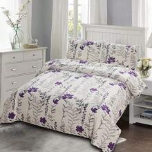 Vintage Grey Leaves Purple Floral Bedding Set Queen Size Bedspread Coverlet Reversible Quilt