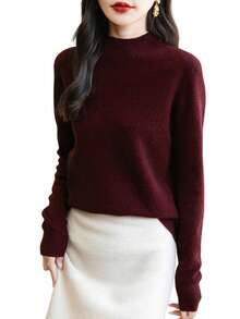Women's 100% Merino Wool Seamless Turtleneck Long Sleeve Knit Sweater - Red - View 5