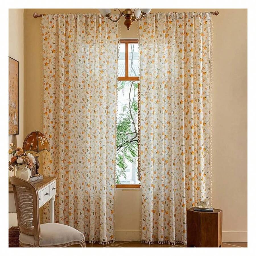 Floral Curtains 84 Inch Length, 2 Panels Semi Sheer Tassel Drapes For Bedroom, Boho Window Treatments Rod Pocket Living Room Curtains, Aesthetic Farmhouse Decor - 多色181 - 查看 1