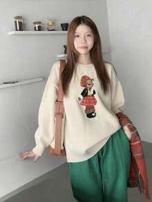 女式熊图案圆领长袖落肩毛衣 - 杏色 - 查看 5