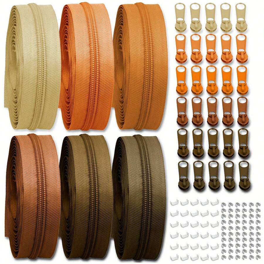 19 rolos / 6 rolos de cores #5/#3 zíper de bobina de nylon por jarda, 4 jardas de comprimento em bobina de nylon contínua com controles deslizantes de zíper, puxador de zíper e travas de zíper para costura de estofados - Série Brown - Ver 1