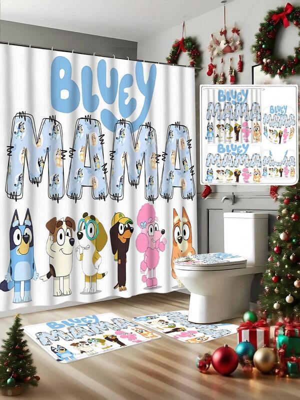 Bluey Bluey Badezimmer Duschvorhang Set, 1/3/4 Stück Bluey Familie & Freunde Urlaubsmuster bedruckter Duschvorhang Set, modernes Design geeignet für alle Jahreszeiten, wasserdichter Polyester mit Haken und Futter, Flanell Material mit weicher Oberfläche, saugfähige rutschfeste Badematte, Badezimmer Set beinhaltet U-förmige Matte, Toilettenvorleger, rutschfeste Badematte und Badezimmer Accessoires, Heimdekoration, Urlaubsdekoration, Geschenk, Alltagsdekoration, Weihnachtsdekoration