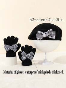 2pcs/Set Houndstooth Bow Knit Beret Hat & Faux Fur Lined Gloves Set, Fashionable, Vintage, Comfortable, Thin, Suitable For Early Winter, Girls & Toddlers, Black