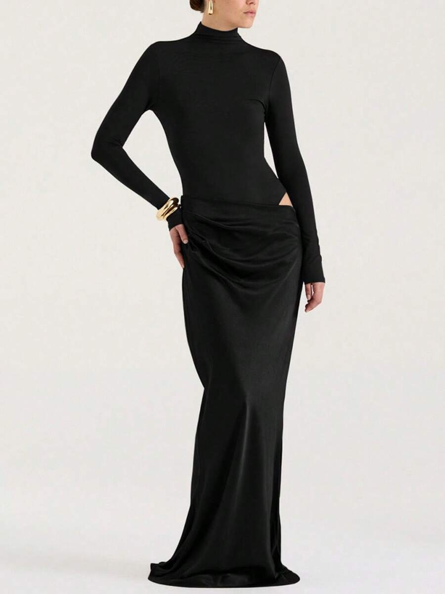 Women's Elegant Solid Turtleneck Dress - Faux Two-Piece Long-Sleeve Cinched Waist Slim-Fit | Perfect For Daily Wear & Office Commute - 黑色 - 查看 1