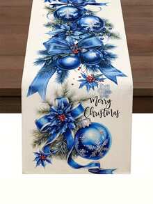 1pc Festive Christmas Table Runner With Blue Bow And Ornaments - Line, Ideal For Kitchen, Dining Room, Party, And Family Gatherings, Holiday Table Decor|Festive Table Setting|Fabric, Christmas Table Decorations - Blue - View 1
