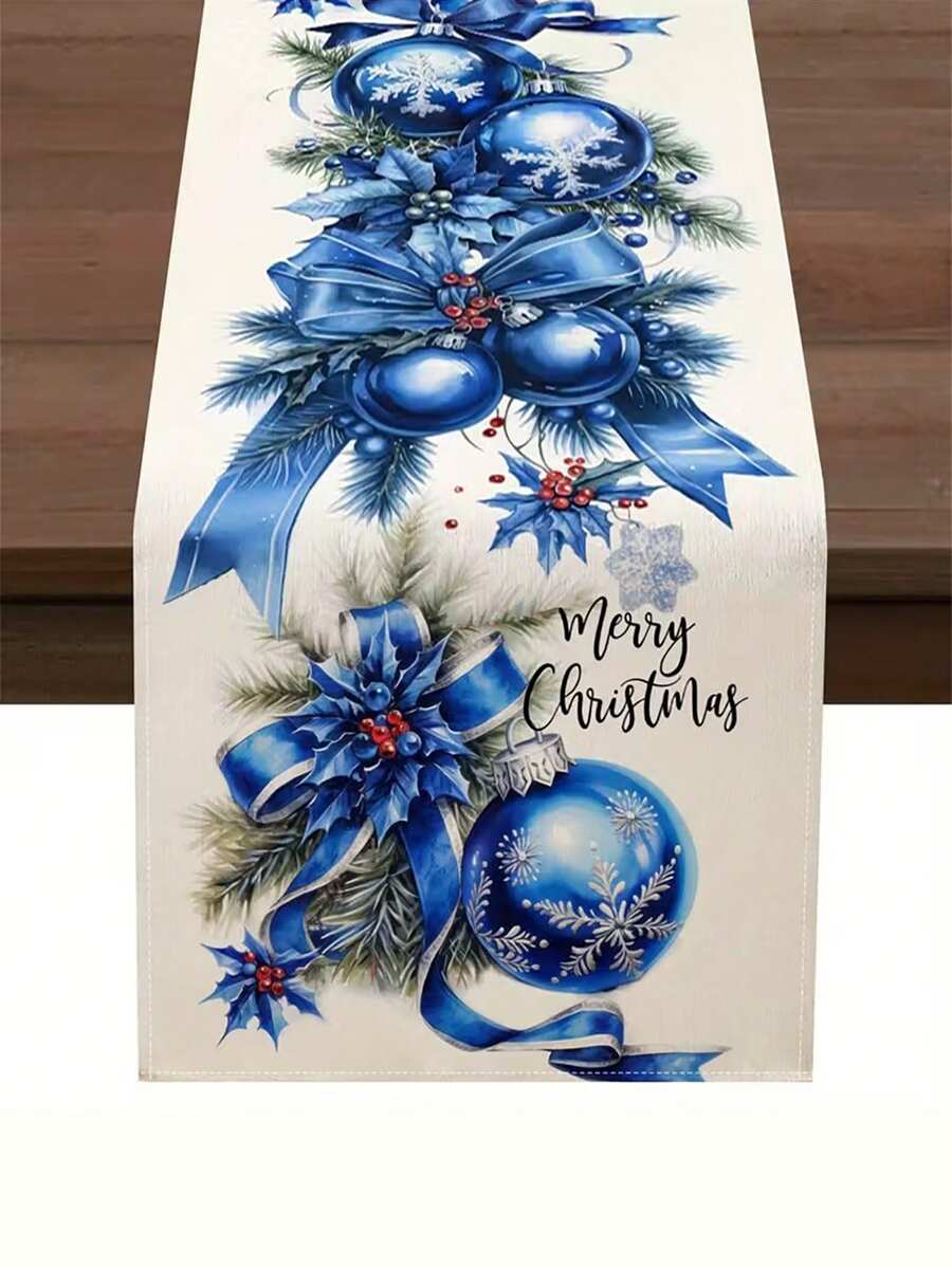 1pc Festive Christmas Table Runner With Blue Bow And Ornaments - Line, Ideal For Kitchen, Dining Room, Party, And Family Gatherings, Holiday Table Decor|Festive Table Setting|Fabric, Christmas Table Decorations - Blue - View 1