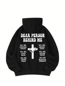 K-GLORY 男士休闲街头风连帽衫，十字架元素及英文标语印花，秋冬款 - 黑色 - 查看 2