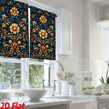 Blue Yellow Floral Pattern Curtain 2 Pc Sheet Rod Bag Flower Set Kitchen Cafe Bedroom Curtain Bathroom Home Decoration - Multicolor - View 3