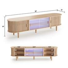 INNOD 70" TV Stand With RGB LED Lights, Mid Century Modern Acrylic Sliding Doors & Ample Storage, Tall Legs For Living Room Entertainment Center, Stylish Wood Media Console Cabinet - Natural Oak - 查看 3