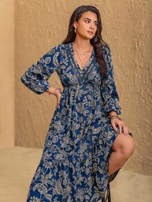 Rusttydustty Bohemian Style Women's Multicolor Floral V-Neck Lace Romantic Dress, Suitable For Music Festivals And Parties Vacation Elegant - Dusty Blue - View 5