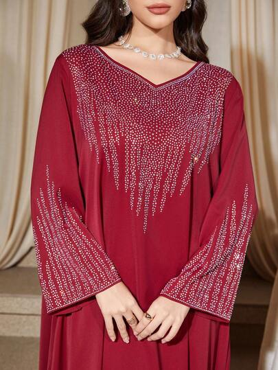 Elegantes Strass V-Ausschnitt Lässig Loose Langarm Kleid