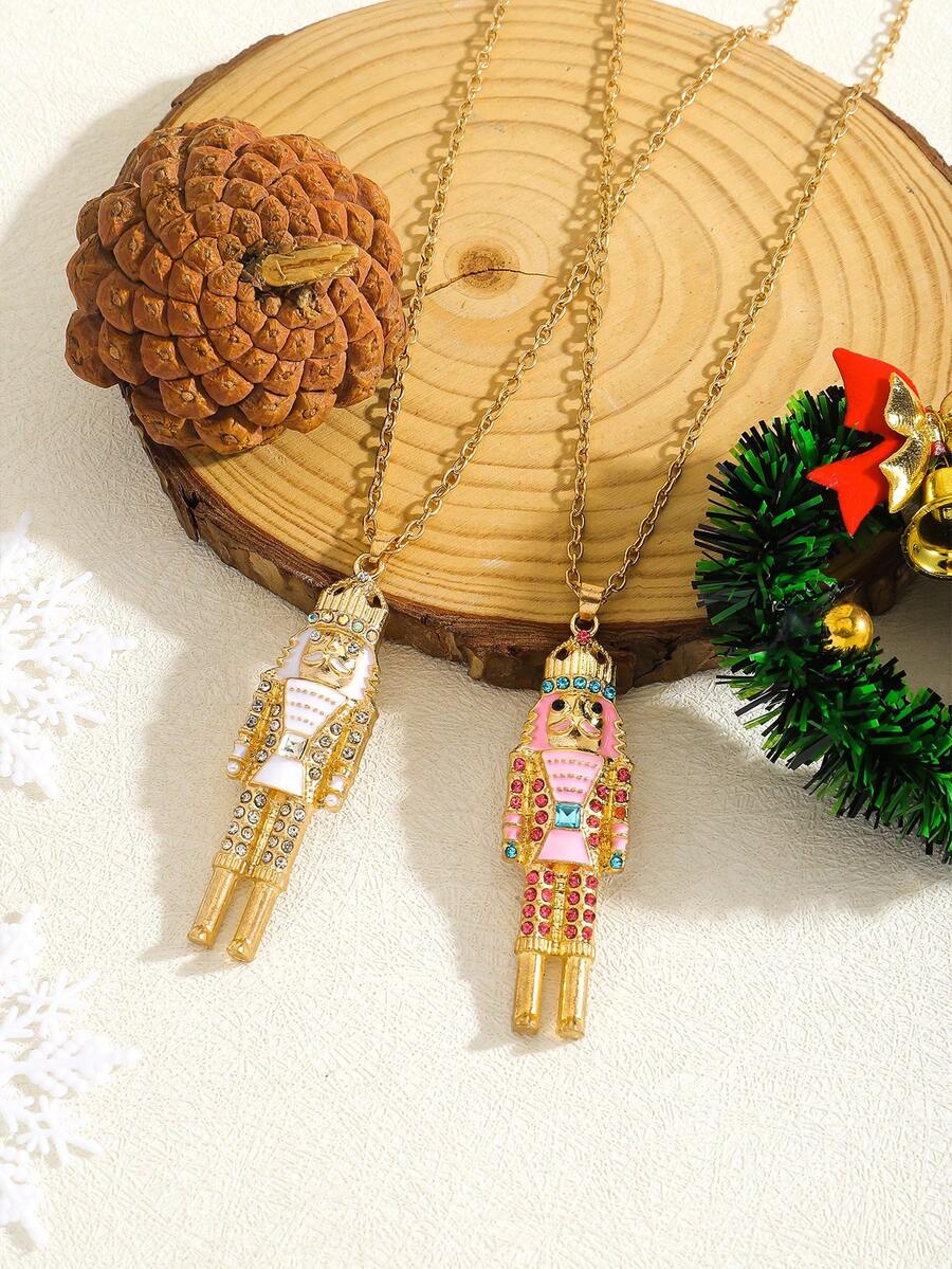 1 colar com pingente de quebra-nozes de Natal, colar com pingente de quebra-nozes de soldado com strass fofo, joia de Natal adequada para mulheres, uso diário, festa de Natal, roupa essencial de inverno - Multicolorido - Ver 1
