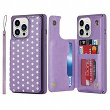 For IPhone 13 Pro Max Wallet Case With Card Slots Holder,Polka Dots PU Leather [Kickstand Feature][Wrist Strap] Double Magnetic Clasp Shockproof Flip Phone Cover - Purple{"Color_name":"F-Purple"} - 多色14 - 查看 1