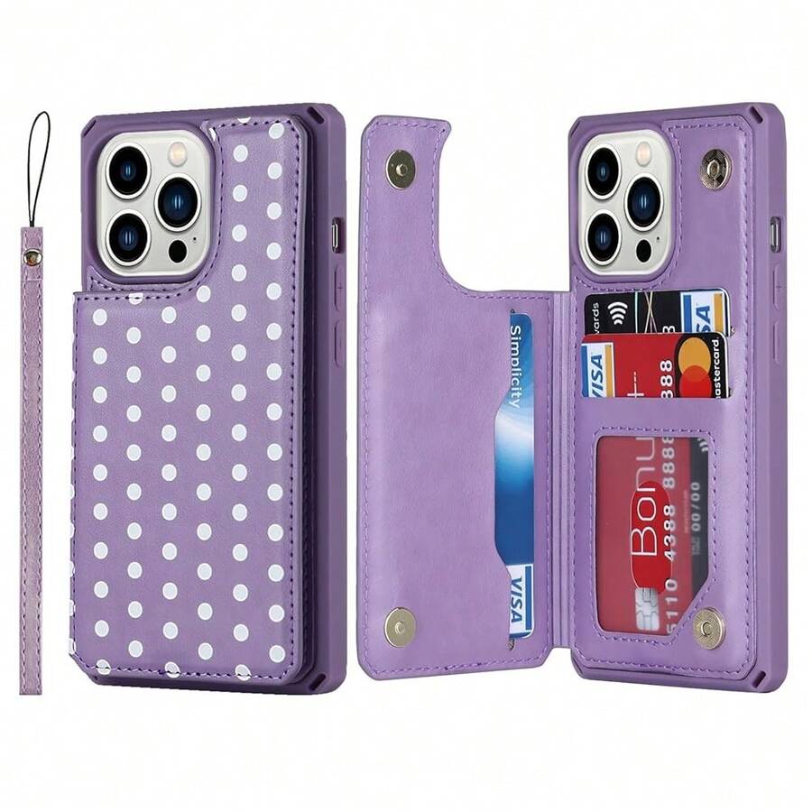 For IPhone 13 Pro Max Wallet Case With Card Slots Holder,Polka Dots PU Leather [Kickstand Feature][Wrist Strap] Double Magnetic Clasp Shockproof Flip Phone Cover - Purple{"Color_name":"F-Purple"} - 多色14 - 查看 1