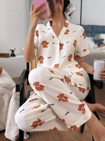 2 件套女士睡衣套装，泰迪熊印花短袖棒球领上衣和长裤，女士睡衣家居服适合所有季节