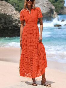 Women's Spring And Summer Maxi Dress Short Sleeve V Neck Hollow Out Eyelet A Line Long Flowy Wedding Guest Beach Vacation Dresses For Women - 橘色 - 查看 4