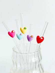1pc Heart-Shaped Glass Straw, Transparent Smoothie, Bubble Tea, Juice, Milk, Cocktail, Cold Drink Party Cartoon Colored Heart-Shaped Bent Glass Straw, Reusable