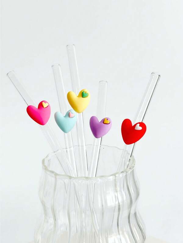 1pc Heart-Shaped Glass Straw, Transparent Smoothie, Bubble Tea, Juice, Milk, Cocktail, Cold Drink Party Cartoon Colored Heart-Shaped Bent Glass Straw, Reusable