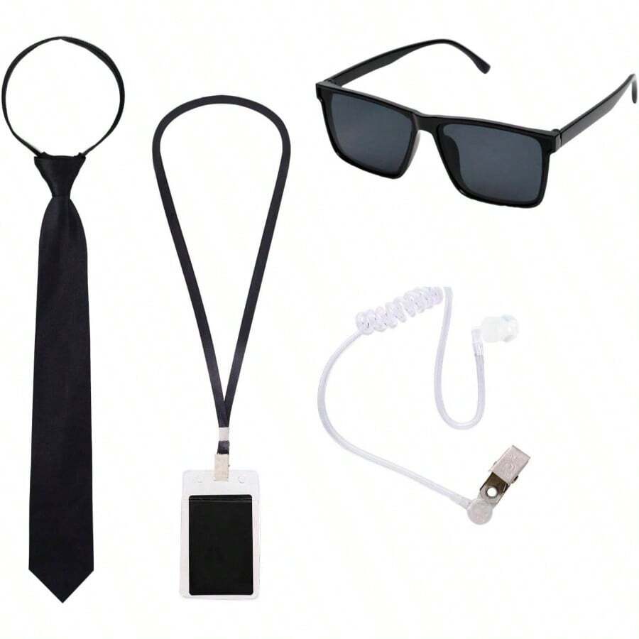 Agent Costume Secret Service Costume Accessories Set Earpiece Zipper Ties ID Card For Halloween Party Use Durable Black Material With Practical Features