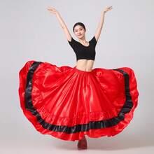 1件红色黑色全圆摆长裙 女士肚皮舞飘逸波西米亚风长裙 缎面轻盈夏季沙滩派对大下摆裙 优雅A字摆裙 - 紅色 - 查看 8