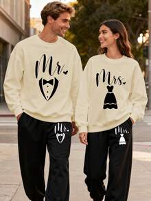 (2PC)VTUTOK Couple's Unisex Men's Printed Round Neck Sports Shirt And Pants Set, Street Style Long Sleeved Sports Shirt Top+Drawstring Waist Sports Pants Casual Set, Autumn And Winter Round Neck Sweatshirt And Pants Set,MR/MRS - 女士-杏色 - 查看 1