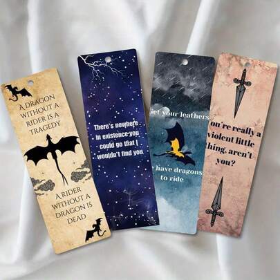 Set de 4 piezas de marcadores de libros exquisitos, con patrones de impresión a doble cara de relámpago, pterosaurio y espada, material PET resistente e impermeable, regalo perfecto de Halloween y Navidad para lectores, colegas, amigos y familiares, incluye 4 decoraciones aleatorias de borlas.
