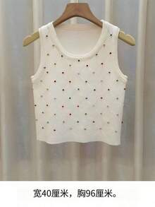 Camiseta sin mangas de punto con diamantes de imitación de colores para mujer, Top corto informal con cuello redondo, ropa de verano - Blanco - Ver 9