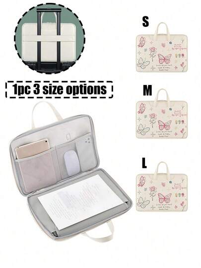 大容量PU电脑包，笔记本电脑包，便携式电脑包，便携式收纳包，多功能收纳包，印有蝴蝶和玫瑰图案，时尚手提包，电脑内胆包，PU材质，防水防污，兼容各种尺寸的电脑。