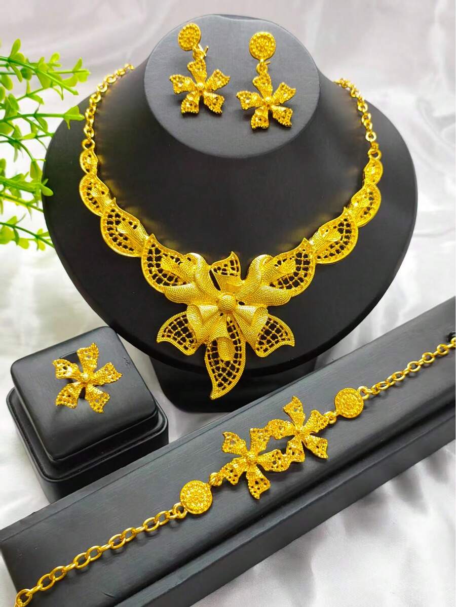 1 Necklace, 1 Bracelet, 1 Ring, 1 Pair Earrings - 4pcs Fashionable Women's Gold-Plated Hollow Flower Jewelry Set, Suitable For , European, African, Middle Eastern, Dubai Bride, Wedding, Party, Halloween, Birthday, Holiday, Daily Wear