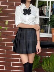 1pc Academic Style JK Uniform - White Fitted Long Sleeve Top And Charcoal Gray Plaid Skirt Set, Includes Plaid Tie