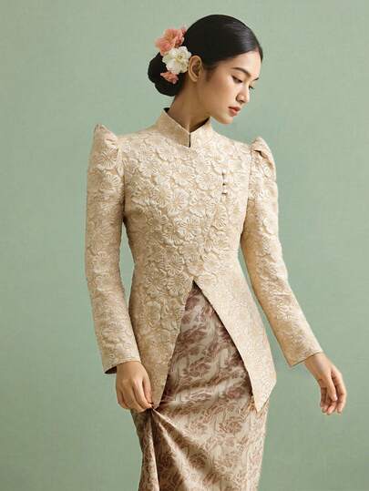 Women's Stand Collar Asymmetrical Design, Elegant 3D Floral Pattern Dignified Blouse