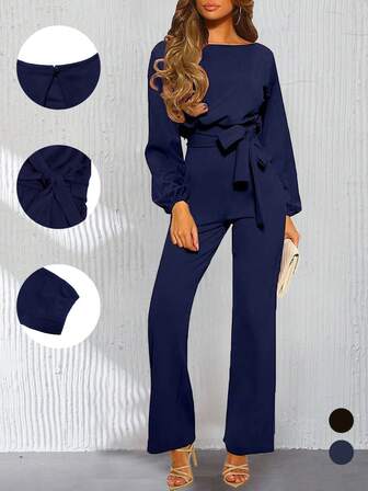 Women's Casual Everyday Commute Elegant Elegant Simple Solid Color Lantern Sleeve Belted Flare Jumpsuit, Spring/Autumn