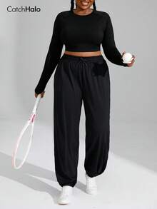 Pantalones jogger de talla grande para mujer con cintura con cordón, negro, cintura elástica, bolsillos laterales, bajo con puño, adecuado para fitness, yoga, uso diario - Negro - Ver 12