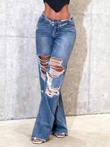 Womens Jeans With Irregular Holes And Hairy Edges, Simple And Casual Baggy Jeans, Solid Color Everyday Joker Jeans, Fall Clothes For Women Comfortable And Inelastic Trousers. - 深色水洗藍 - 查看 3